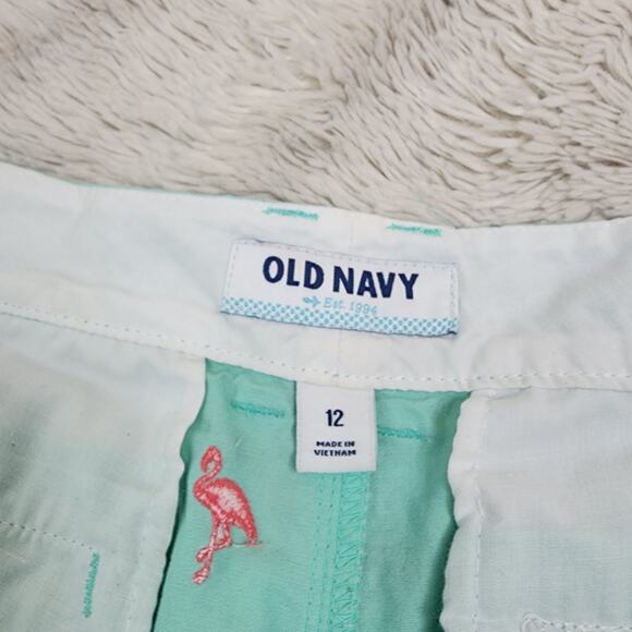 Old Navy Mint Green Pink Flamingo Women's Shorts Size12 Flat Front Chino Khakis - Picture 4 of 7